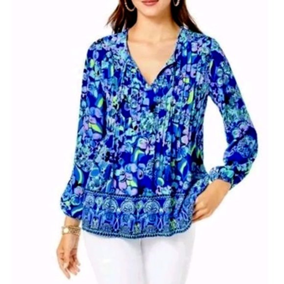 Lilly Pulitzer SIZE MEDIUM Marilina Tunic Tassels Blue Grotto Twilight Tropics - Picture 2 of 5